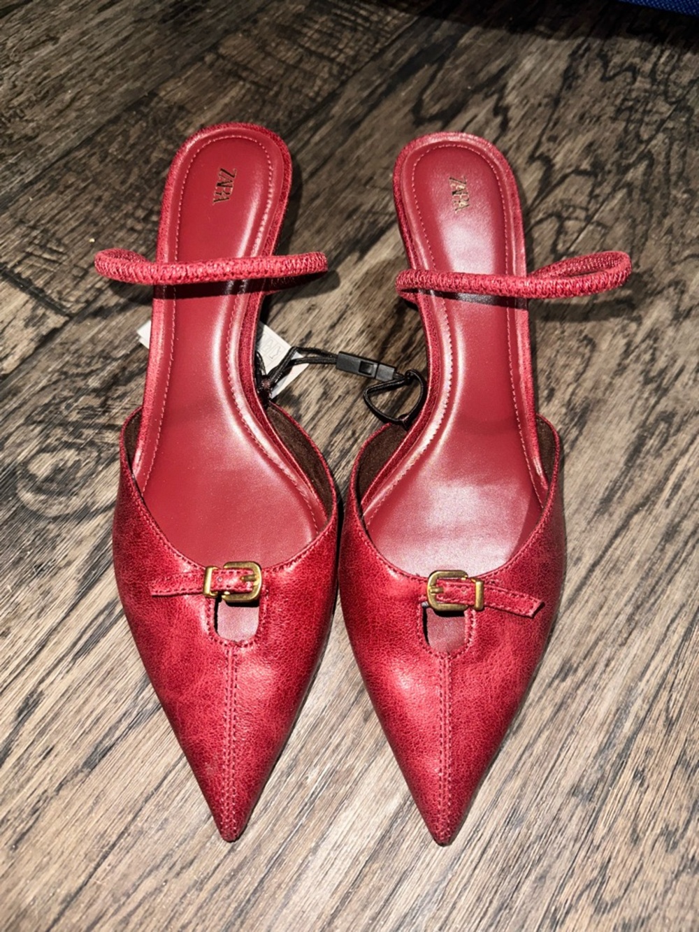 Zara Red Pointed Slingback Mules with Gold Buckle